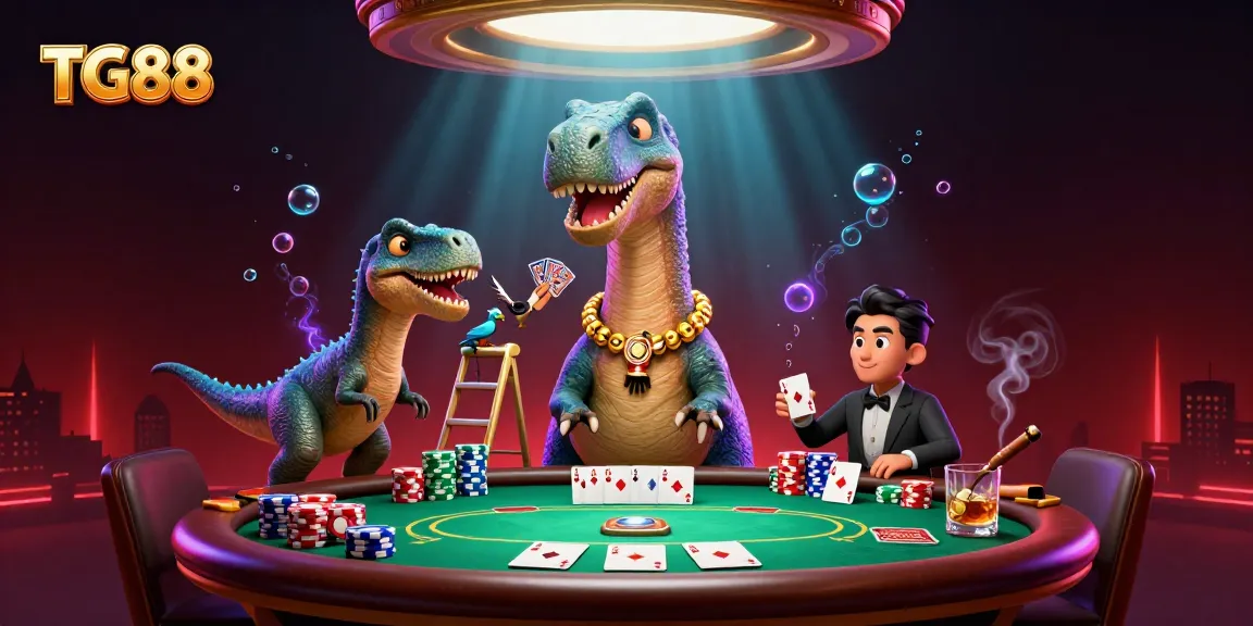 Experience thrilling poker action at TG88 with a brontosaurus dealer and vibrant casino elements.