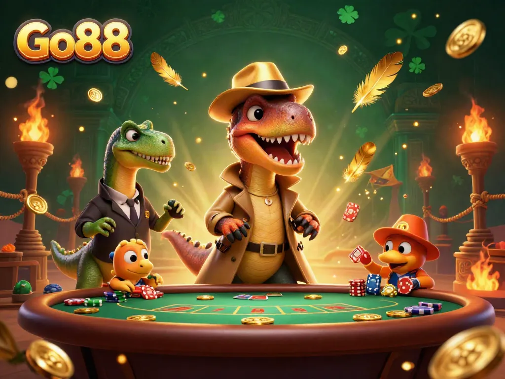 Experience excitement at Go88 with a velociraptor card counter and stegosaurus boss at a blackjack table.