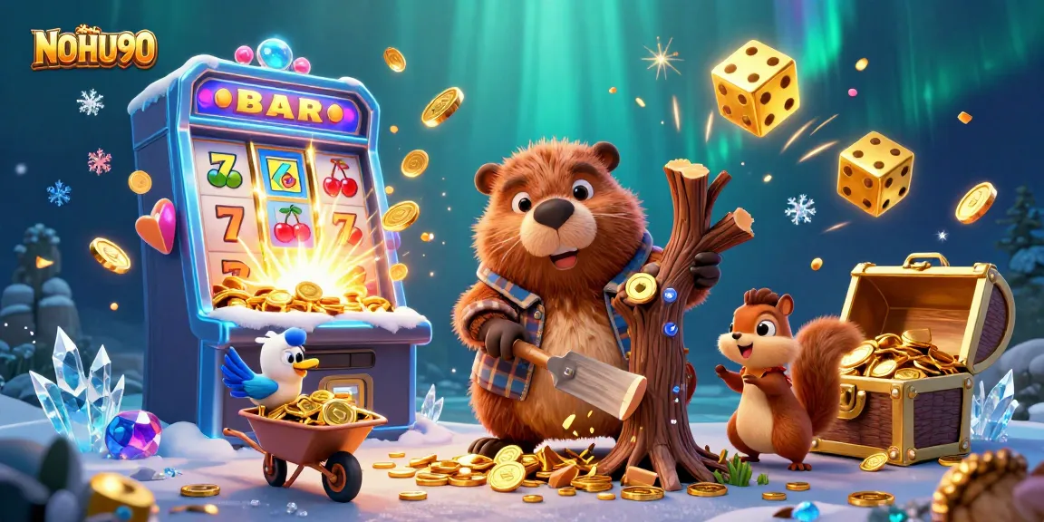 Experience thrilling wins with NOHU90 in this vibrant 3D cartoon casino scene.