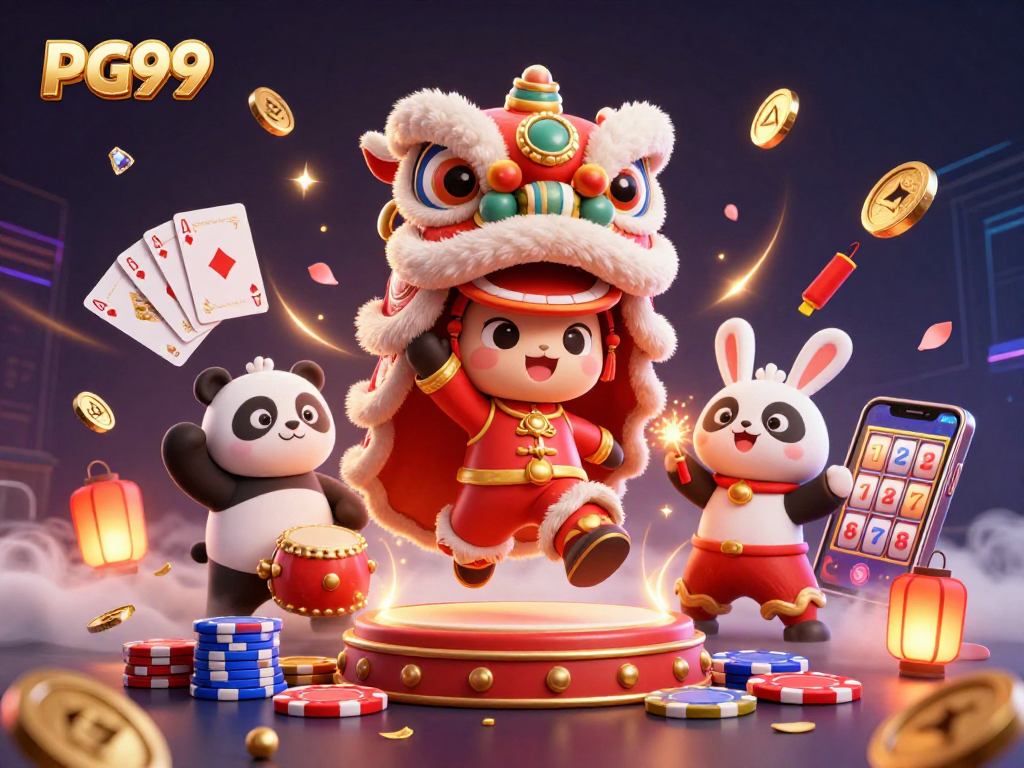 Experience the excitement of PG99 with animated lion dances amidst cascading gold coins and vibrant casino elements.
