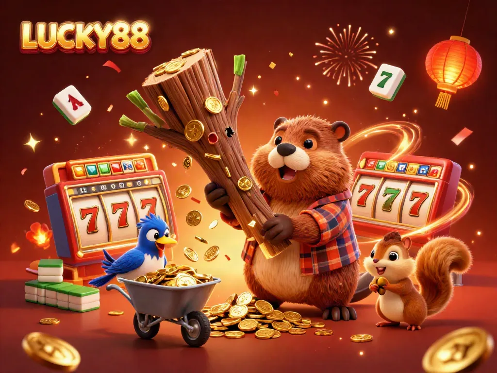 LUCKY88 illustrates a dynamic casino scene with a beaver, collecting gold coins amid vibrant slot elements.
