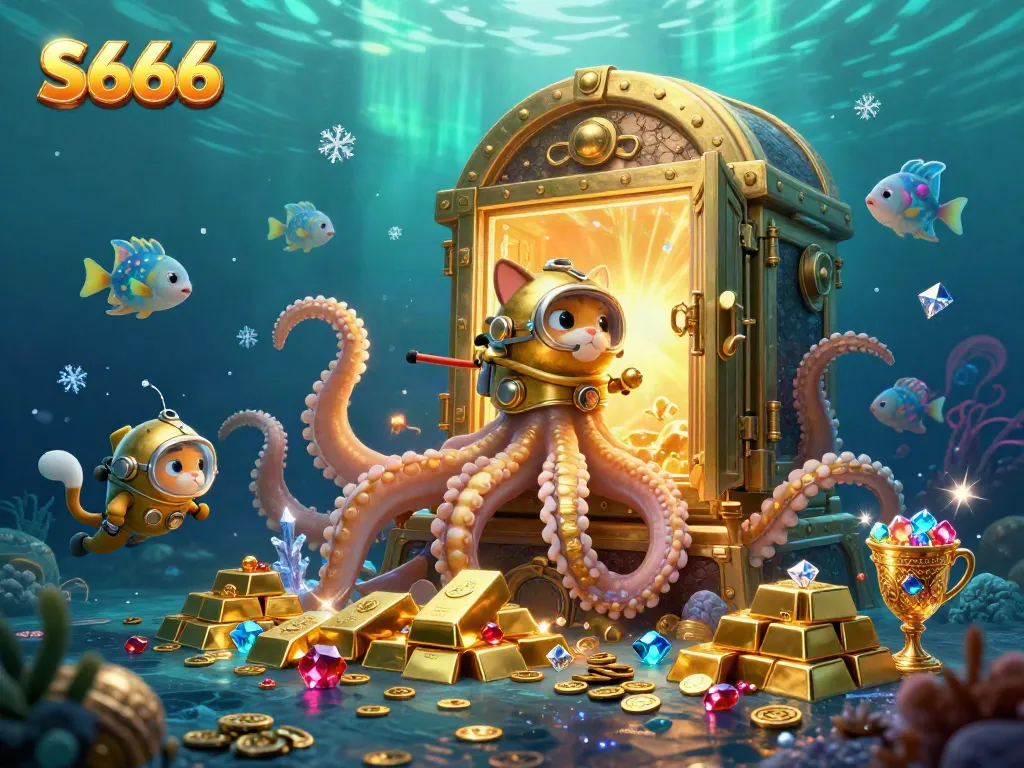 S666 promotes thrilling adventures in underwater gambling with a giant kraken and treasure.