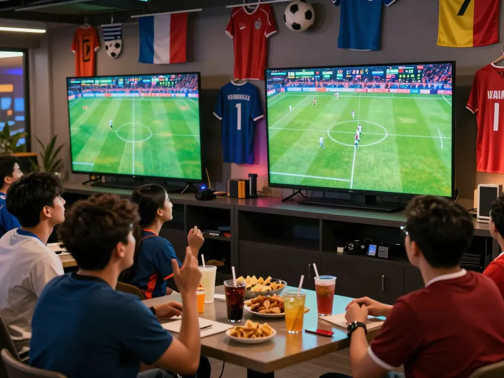 Friends enjoying a lively football match on Xoilactv in a vibrant viewing area.
