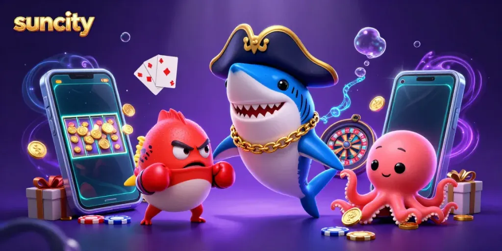 Engage with suncity's exciting slot games in a dynamic underwater scene filled with gold coins and fun characters.