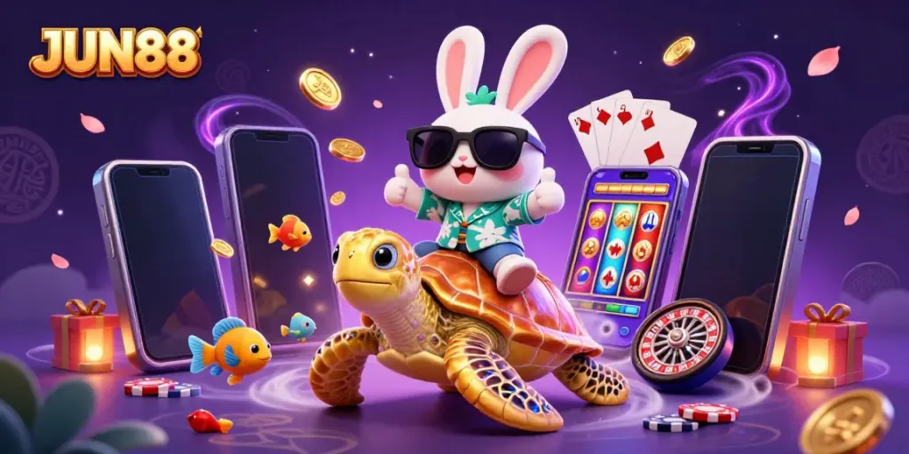 Experience the excitement of JUN88 with a lucky rabbit and a golden turtle in this vibrant casino scene.