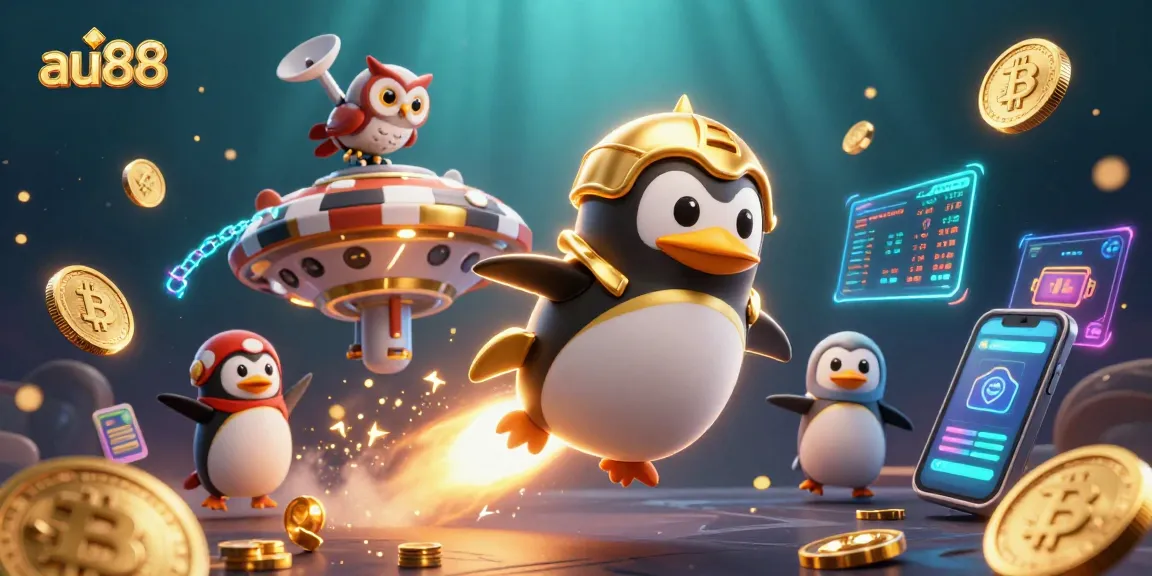 Experience thrilling gaming at au88 with a vibrant casino space scene featuring a penguin and coins.