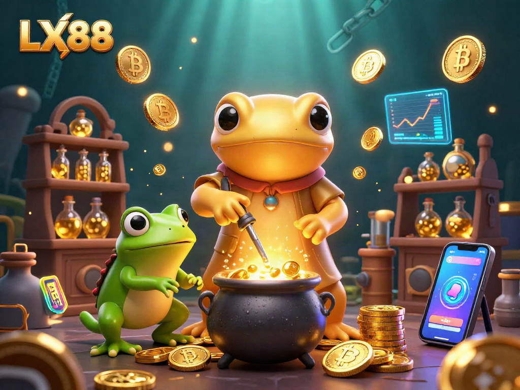 Engage with LX88's dynamic casino scene showcasing golden transformation and crypto elements.
