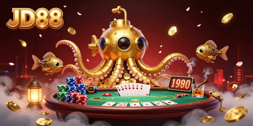 Engage with JD88 as the golden kraken submarine surfaces through a treasure of coins during a thrilling casino scene.