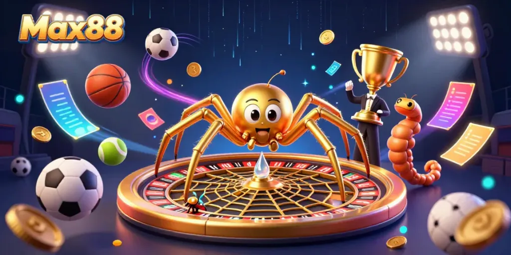 Max88 features a thrilling 3D scene with a golden spider and energetic sports betting elements.