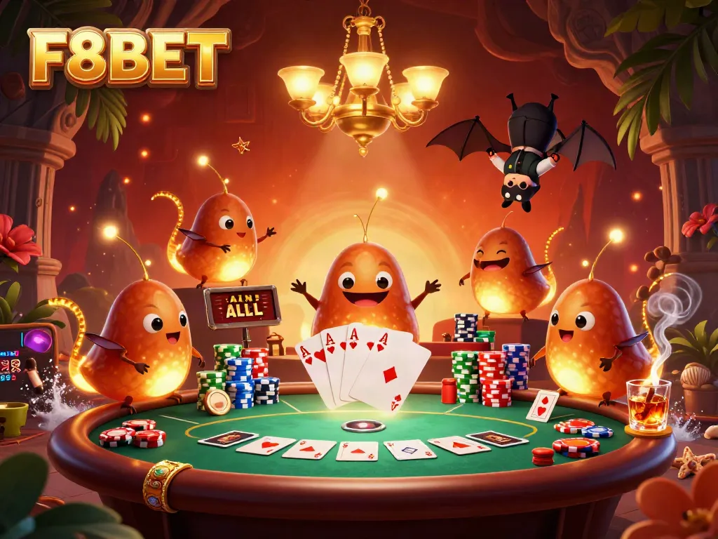 Experience F8BET in a vibrant, illuminated cave casino with glowworms and a bat dealer.