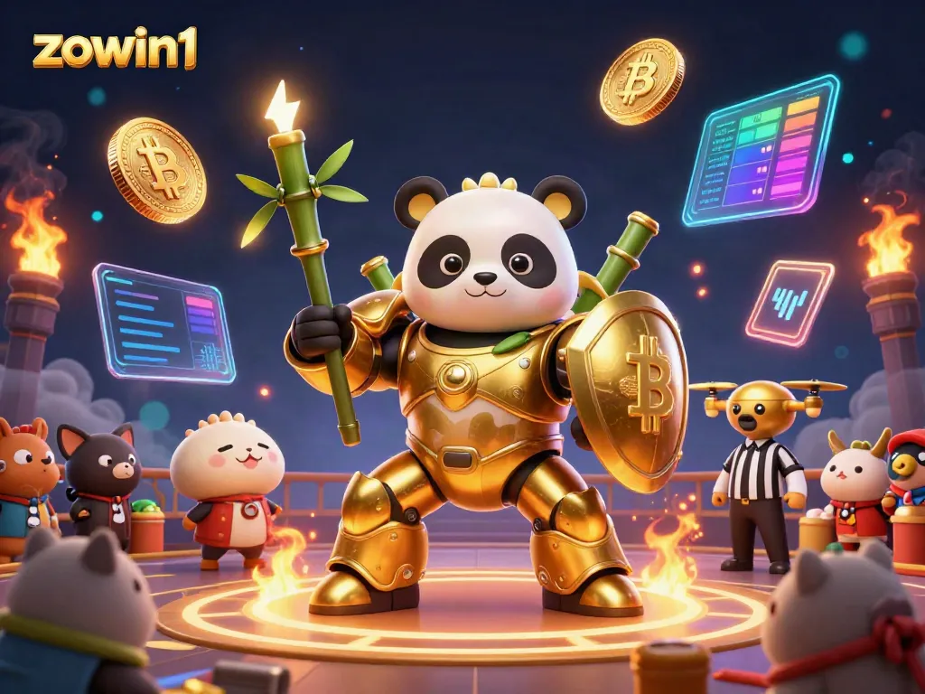 Experience thrilling gaming with zowin1 in this vibrant 3D casino scene featuring a golden panda and cryptocurrency elements.