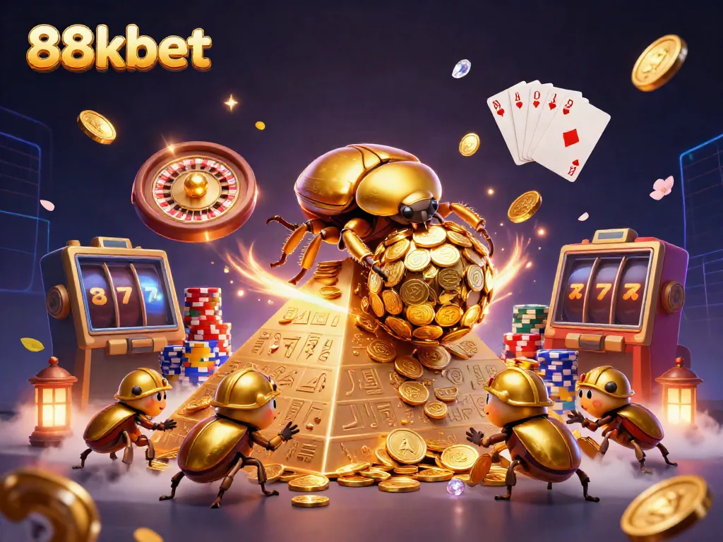 Experience thrilling action at 88kbet with golden beetles rolling coins and festive casino elements.