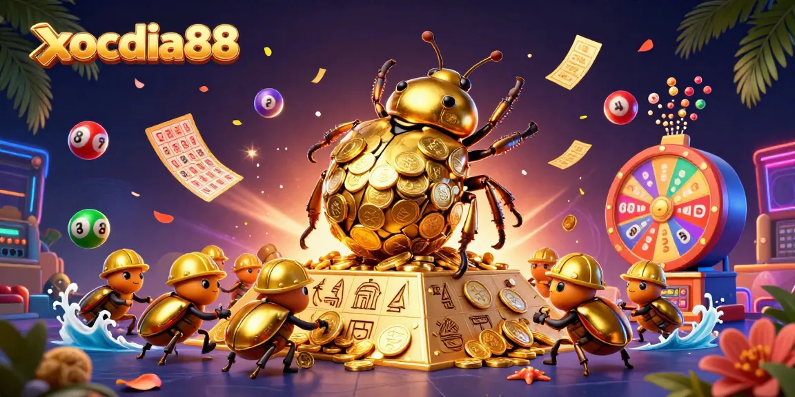 Xocdia88 features a golden dung beetle immersed in a dynamic casino setting, rolling coins and lottery excitement.