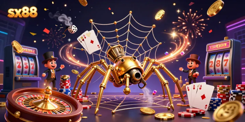 Experience striking excitement with sx88's dynamic 3D casino scene featuring a unique steampunk spider and gaming elements.