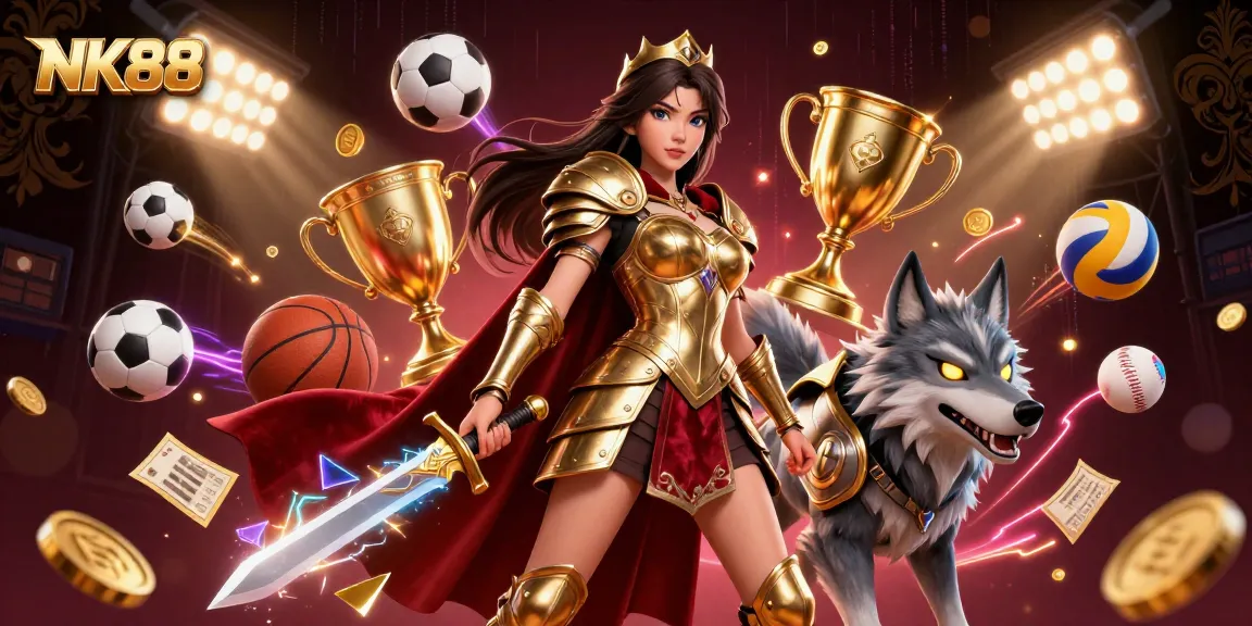 Bet on exciting games at NK88, where a warrior queen and her wolf companion lead the gaming adventure.