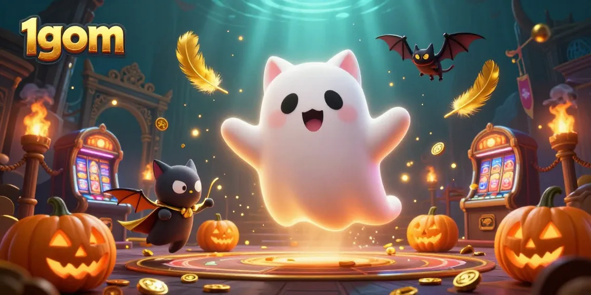 Experience the excitement of 1gom with a floating ghost cat and an enchanting casino atmosphere.