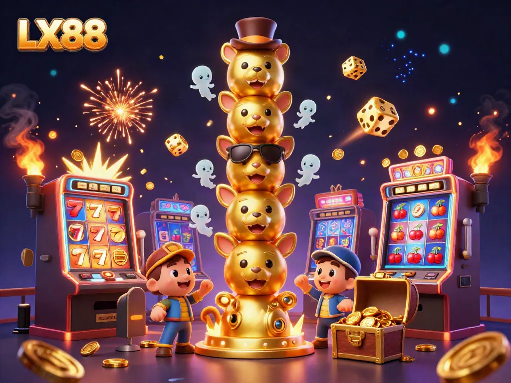 Engage in gaming fun with LX88's vibrant 3D casino illustration featuring cartoon elements.