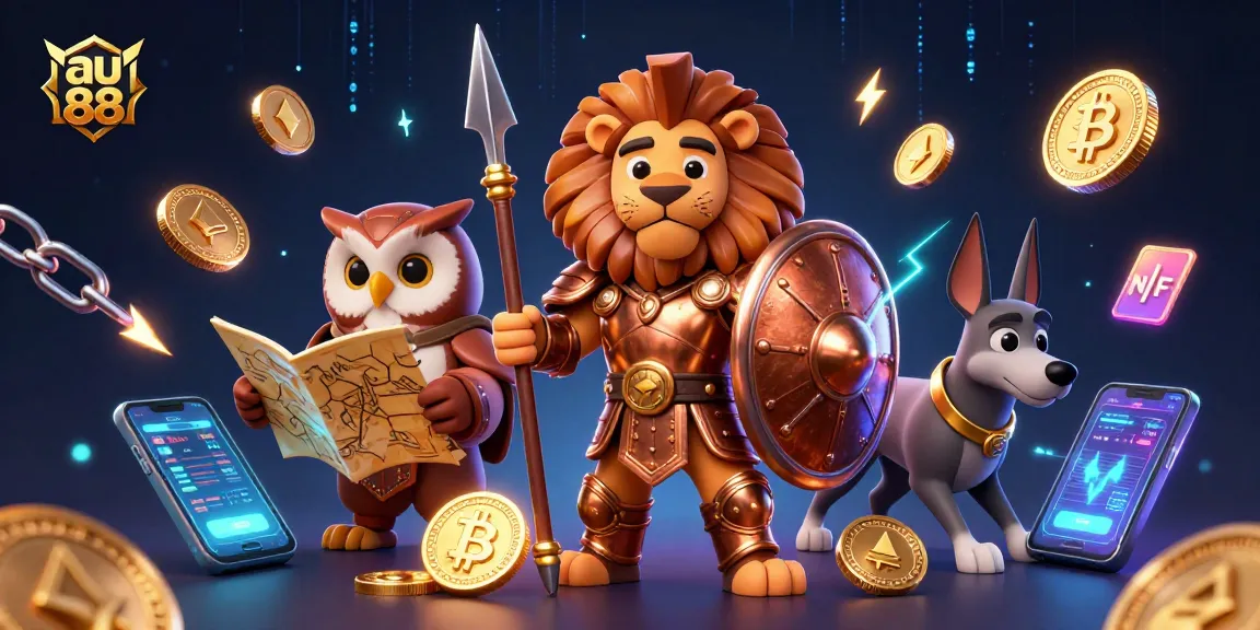 Experience thrilling gaming action at au 88 with dynamic characters amidst glowing crypto elements and vibrant casino motifs.
