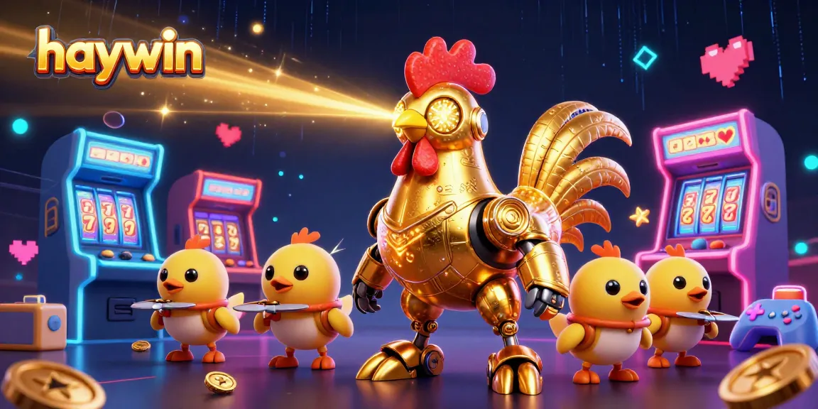 Experience thrilling casino action with haywin's vibrant 3D illustration featuring a golden rooster robot and arcade excitement.
