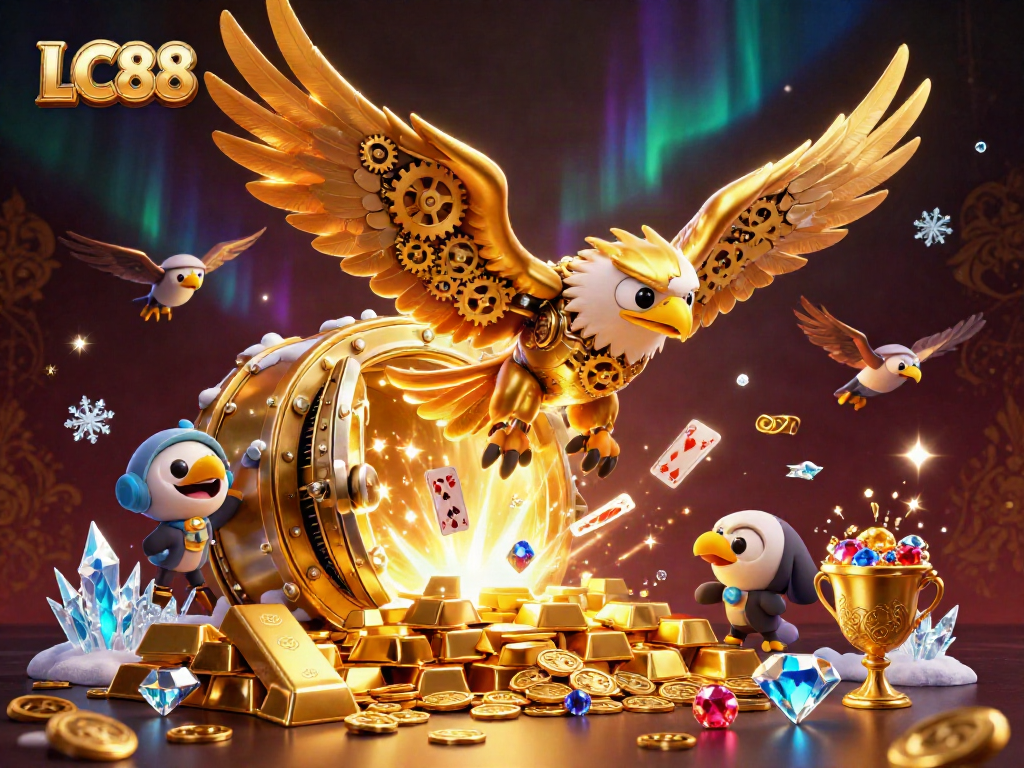 Experience excitement with LC88 as the golden eagle dives through vibrant playing cards.