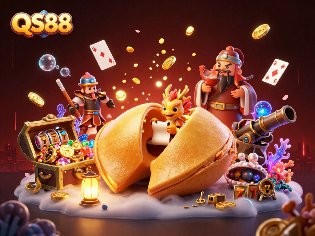Engage with QS88's dynamic online casino experience featuring colorful slot games and golden treasures.