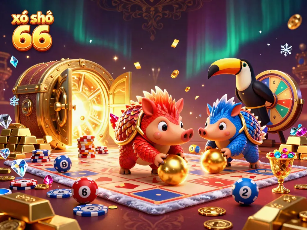 Experience winning at xổ số 66 with lively pangolins rolling into golden treasures and poker chips.