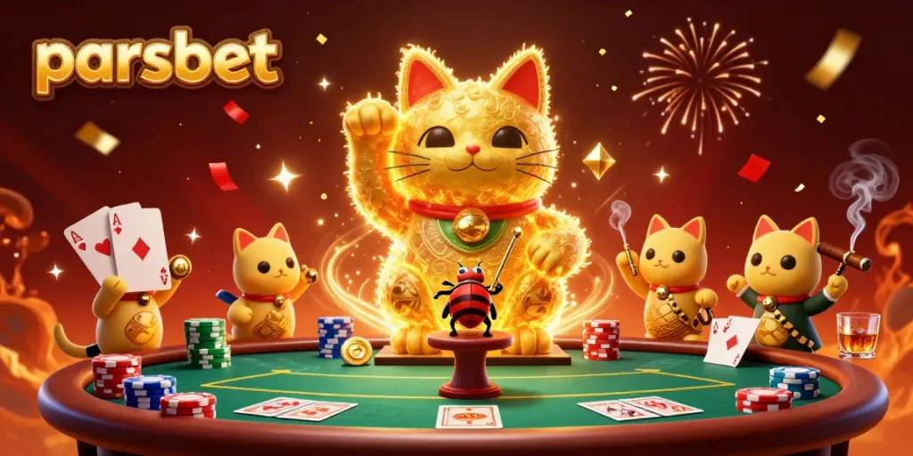 Engage with parsbet’s luck as golden fireflies form a majestic lucky cat amidst the thrill of casino elements.
