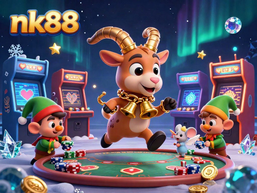 Engage with nk88 at a festive casino featuring a Krampus goat and mischievous elves stealing poker chips.