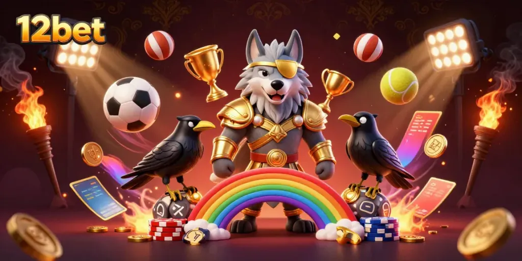 Experience thrilling sports betting with 12bet, featuring a vibrant illustration of Norse mythology and dynamic elements.