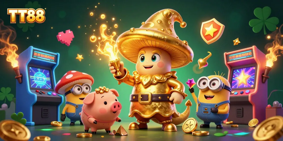 TT88 casino illustration featuring a golden mushroom wizard with gems, arcade elements, and glowing magic.