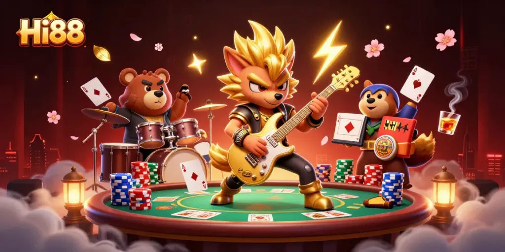 Experience exhilarating gameplay with Hi88, featuring a vibrant wolf rock star jamming on-stage with intense poker action.