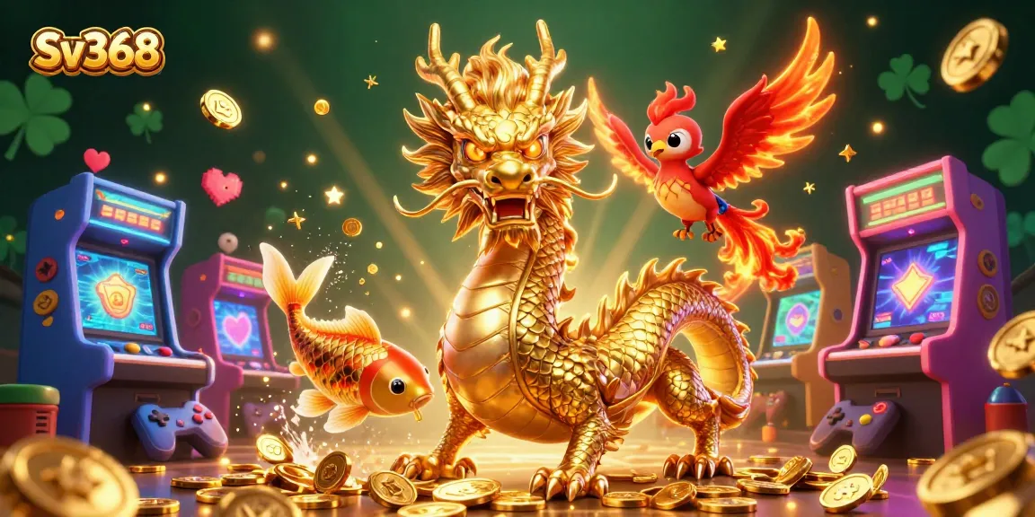Experience the thrill of Sv368 with a dragon and phoenix soaring through a magical casino world.