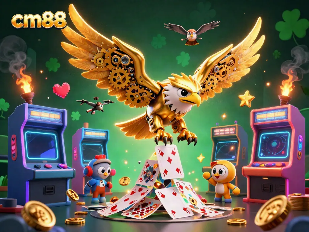 Experience thrilling gameplay at cm88, with a cybernetic eagle amidst vibrant casino elements.