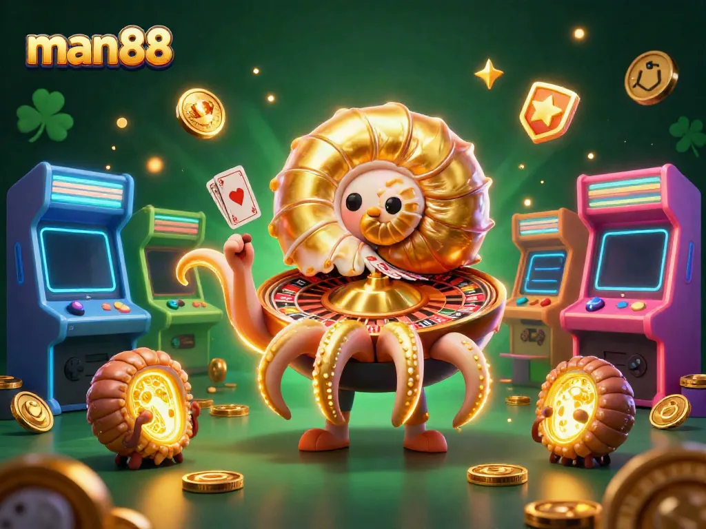 Experience excitement with man88's vibrant casino scene featuring a unique nautilus roulette wheel.