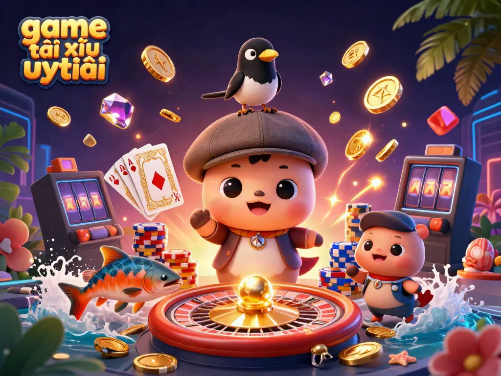 Engage in the game tài xỉu uy tín with this vibrant 3D casino scene featuring currency and playful characters.