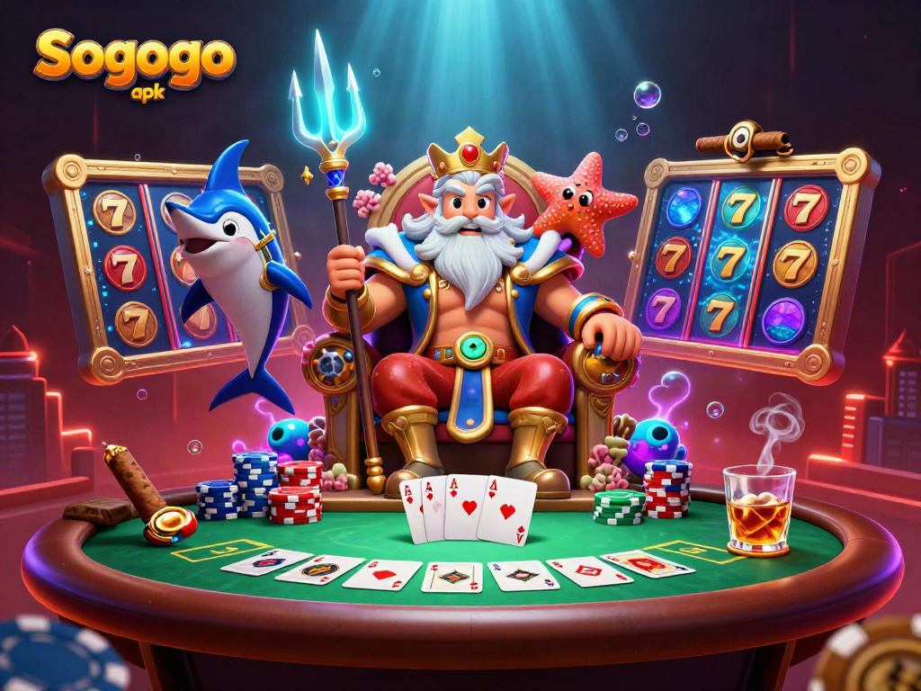 Engage with Sogogo apk in a vibrant 3D casino scene featuring Neptune and a poker table.