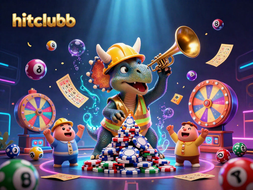 Hitclubb showcases a fun casino scene with cheerful dinosaur characters and dynamic lottery elements.