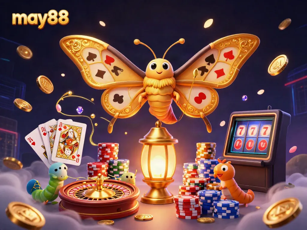 Experience the thrill of spinning roulette and winning at may88 with vibrant casino elements and golden motifs.