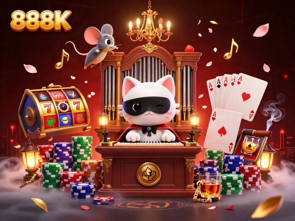Experience the excitement of 888K with vibrant slot reels and dynamic characters in a captivating casino scene.