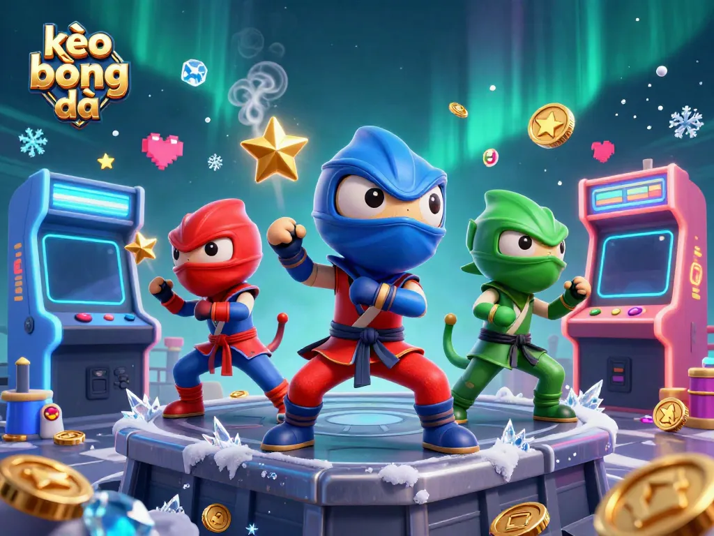 Experience top-tier kèo bóng đá action with ninjas in vibrant arcade-themed illustration.