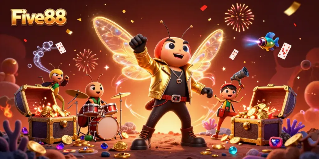 Experience the thrilling world of Five88 as vibrant characters celebrate a jackpot win amidst floating casino treasures.