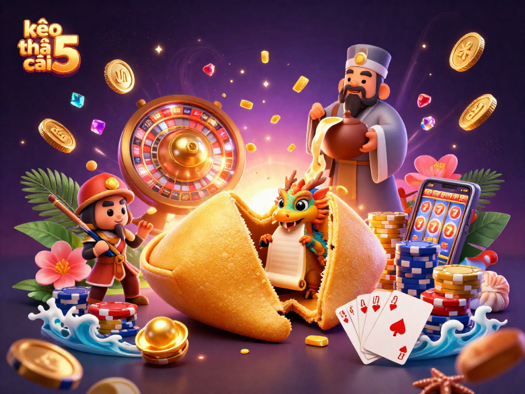 Engage with kèo nhà cái 5 through a vibrant casino scene featuring animated characters and rich gaming elements.