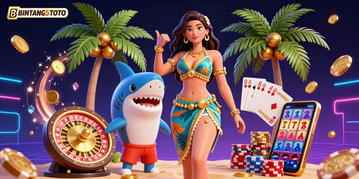 BINTANG5TOTO offers vibrant digital slots and gaming excitement with a beach goddess and a surfing shark.