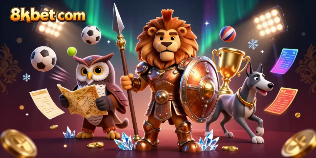 Engage with exciting gaming moments at 8xbet com, featuring a vibrant 3D illustration of a Spartan lion, owl strategist, and greyhound, surrounded by sports betting elements.