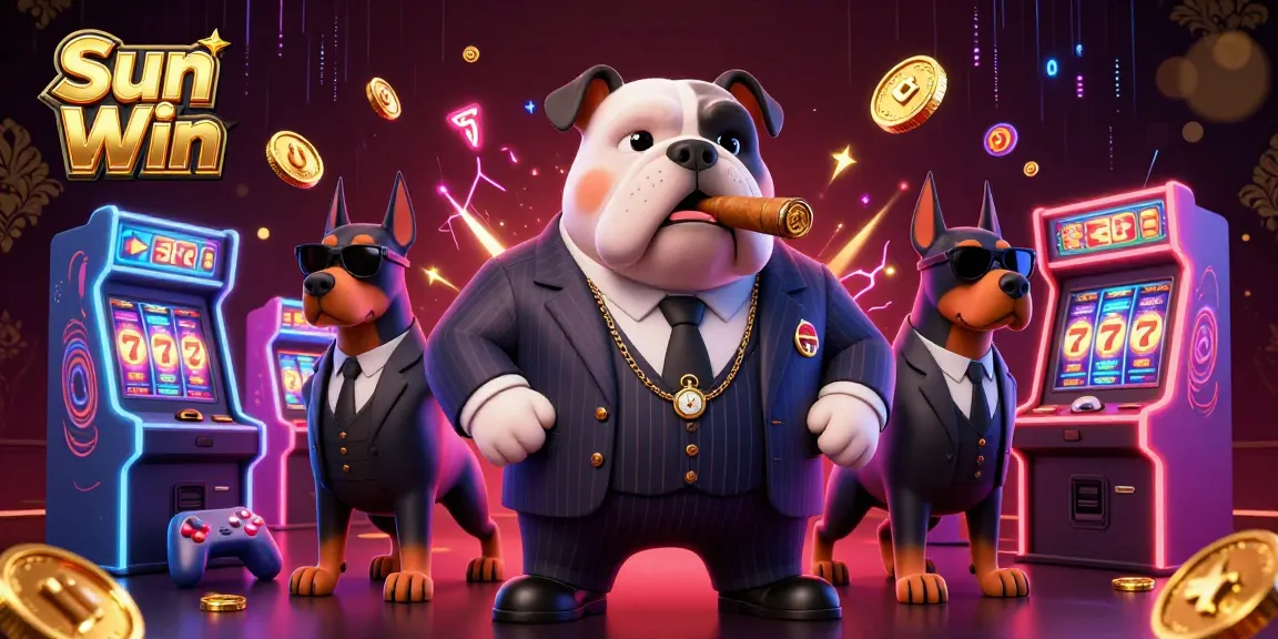 Play at Sun Win casino with a thrilling 3D illustration showcasing a mafia boss and Doberman bodyguards.
