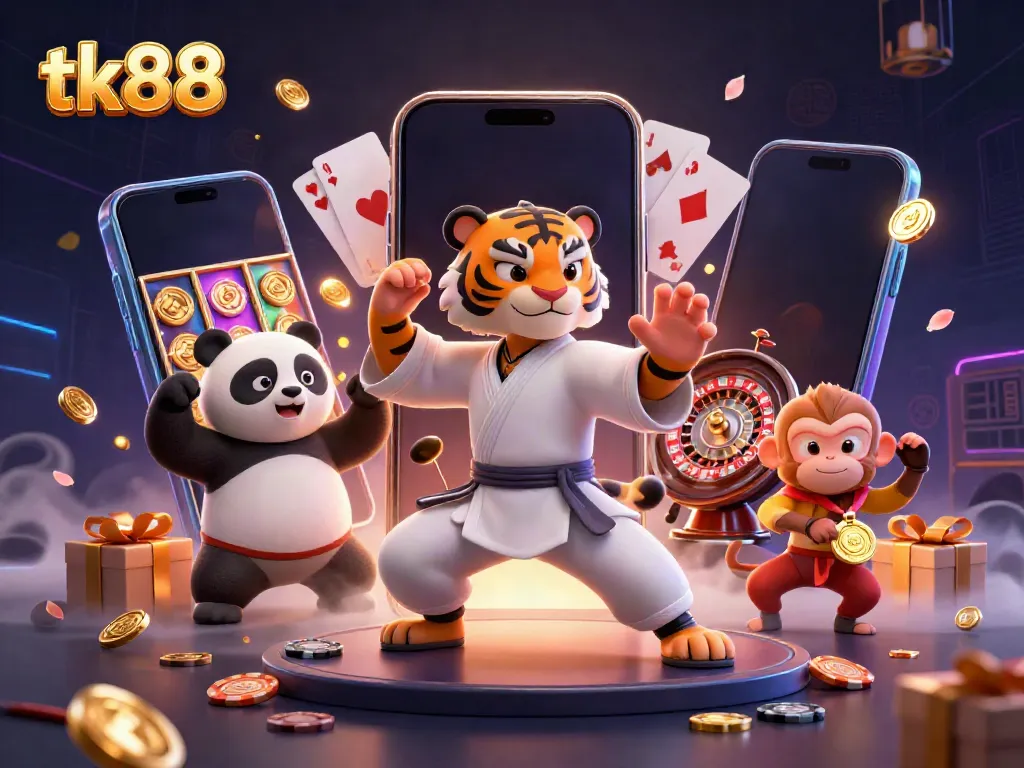 Engage with tk88 through a lively scene featuring a kung fu tiger, panda, and monkey in a vibrant casino setting.