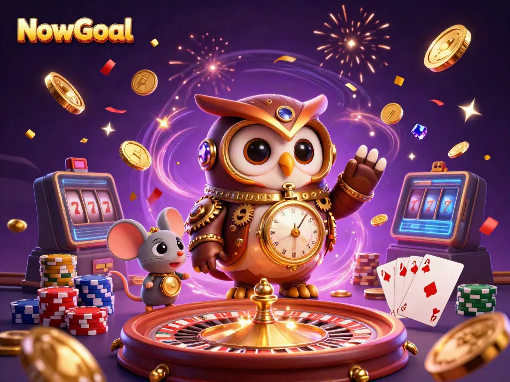 Experience thrilling bets with NowGoal as a time-traveling owl and clockwork mouse in a vibrant casino