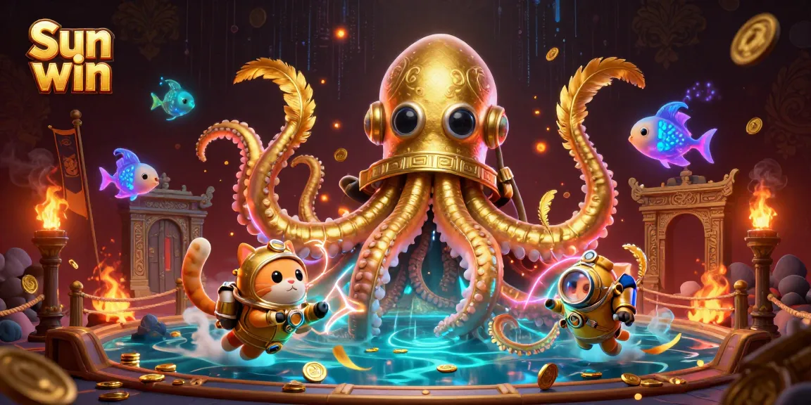 Engage with Sun win in an exciting 3D scene featuring a kraken and diving cat amidst vibrant casino elements.