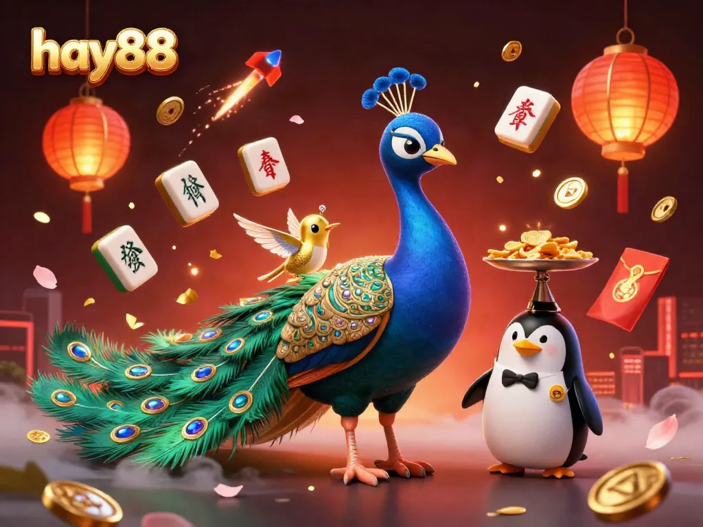 Play at hay88 and enjoy a vibrant 3D illustration featuring a peacock and dynamic casino elements.