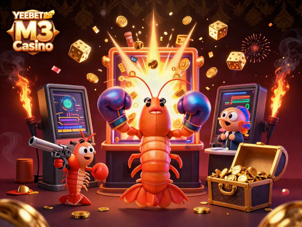 Experience vibrant action at YEEBET live M3 Casino with 3D cartoon shrimp characters celebrating a jackpot win surrounded by casino elements.